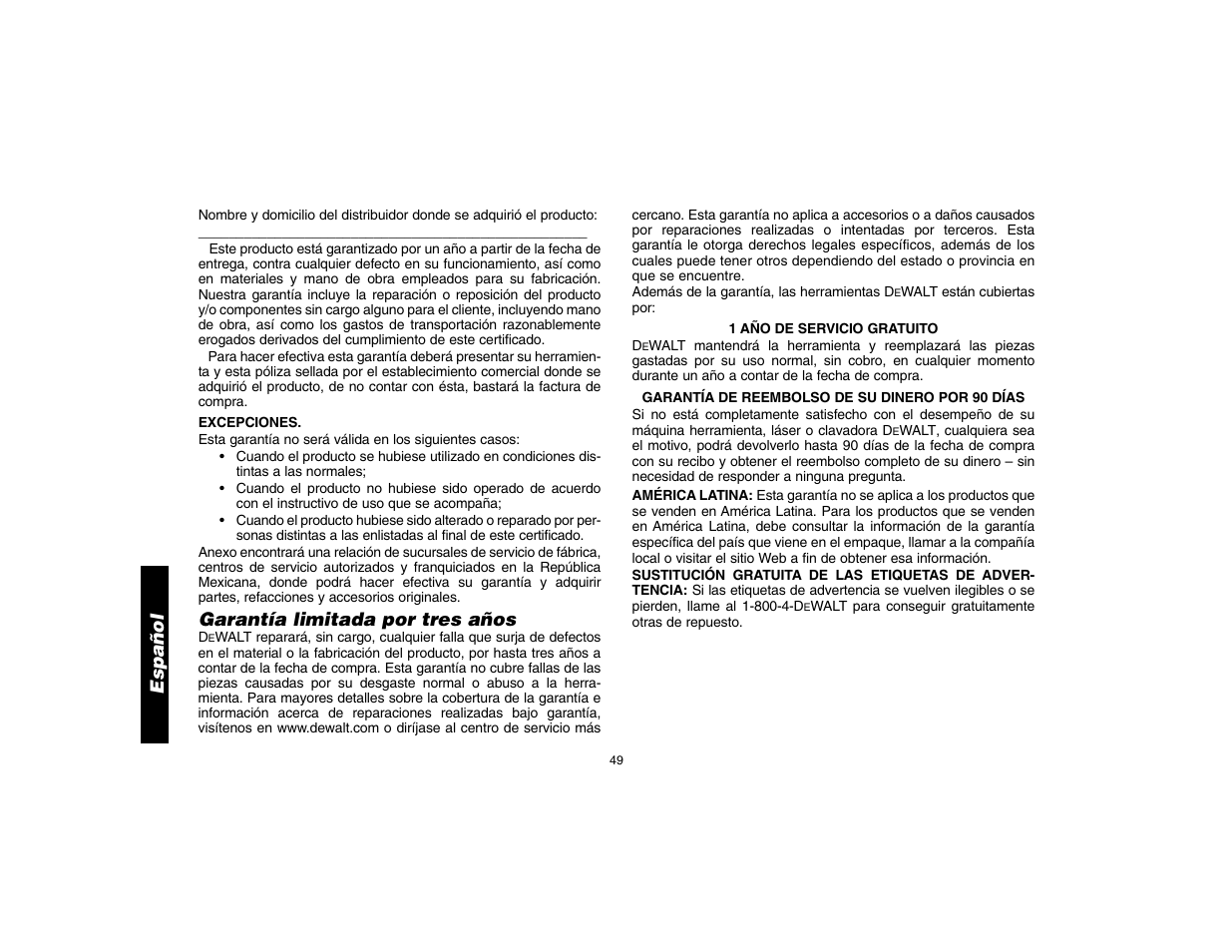 Español, Garantía limitada por tres años | Epson D28402 User Manual | Page 50 / 52