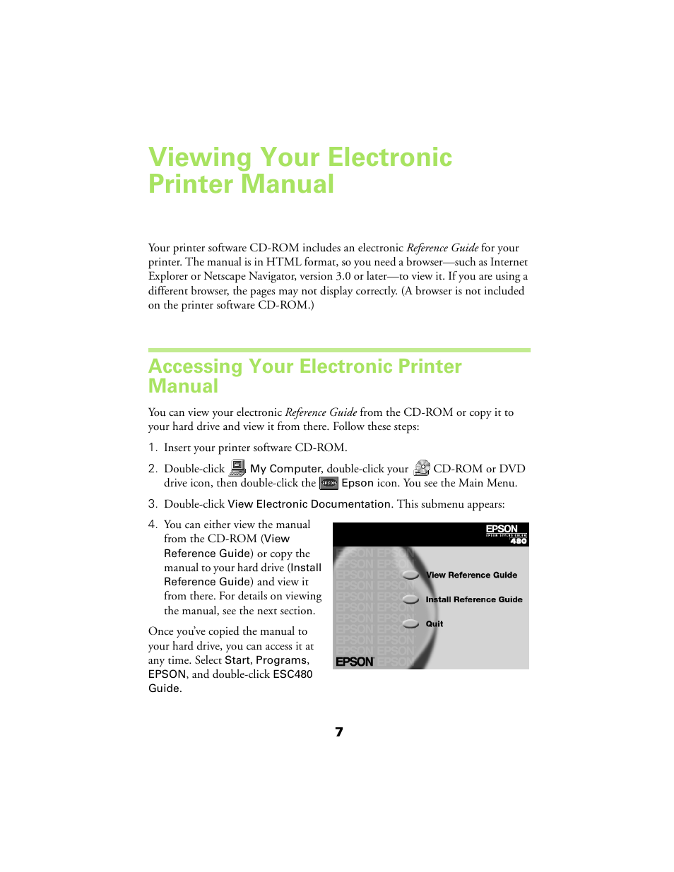 Viewing your electronic printer manual, Accessing your electronic printer manual | Epson 480SX User Manual | Page 11 / 53