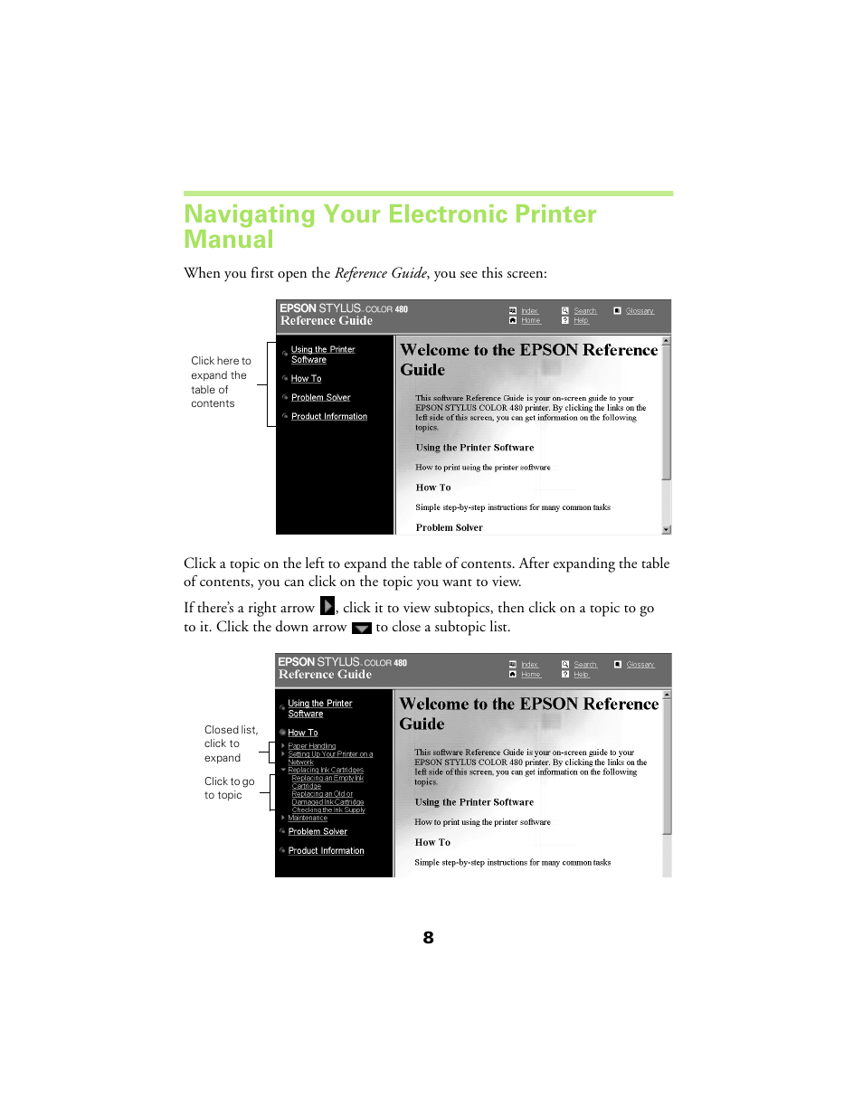 Navigating your electronic printer manual | Epson 480SX User Manual | Page 12 / 53