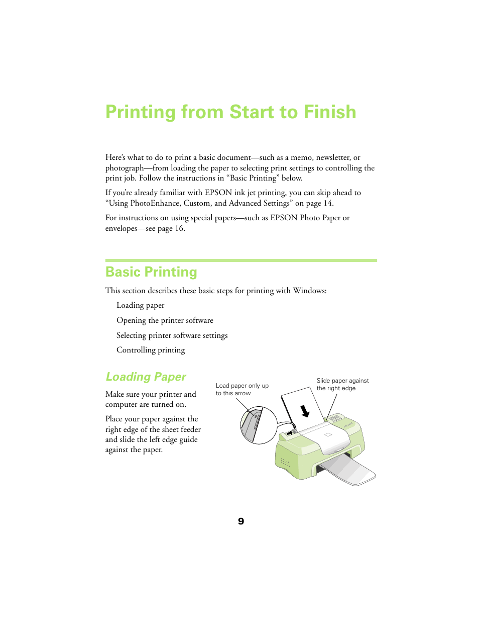 Printing from start to finish, Basic printing, Loading paper | Basic, Printing 9 | Epson 480SX User Manual | Page 13 / 53