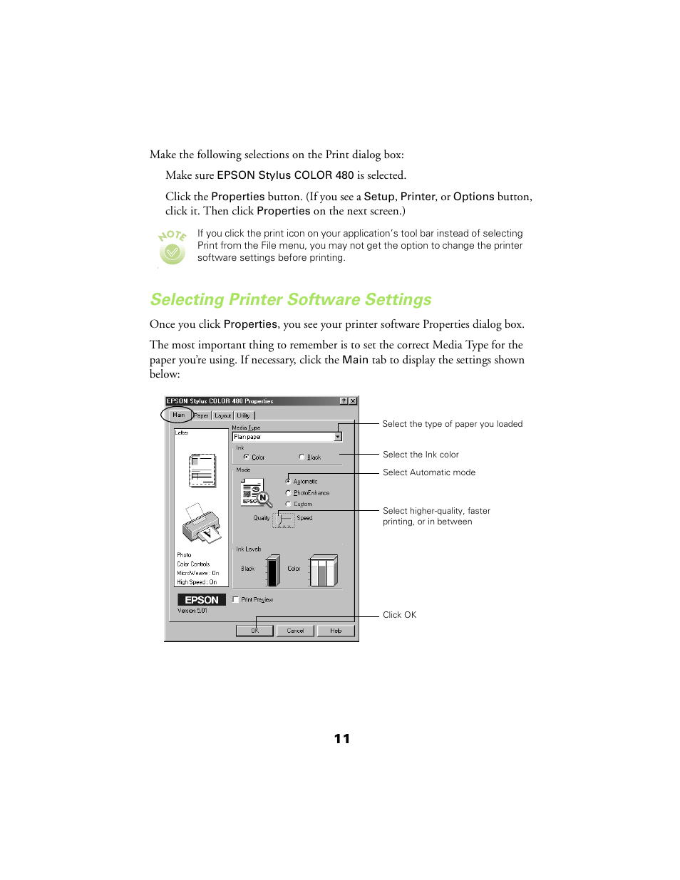 Selecting printer software settings | Epson 480SX User Manual | Page 15 / 53