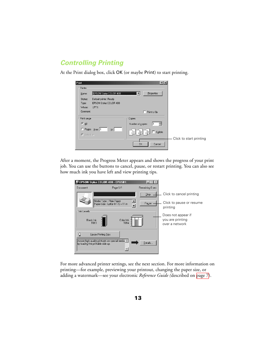 Controlling printing, Controlling, Printing 13 | Epson 480SX User Manual | Page 17 / 53