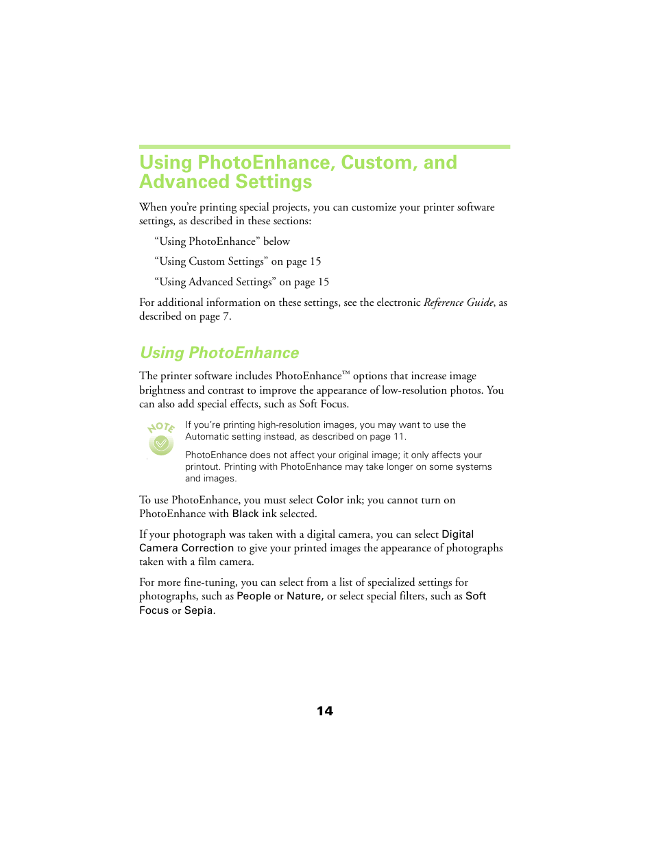 Using photoenhance, custom, and advanced settings, Using photoenhance | Epson 480SX User Manual | Page 18 / 53