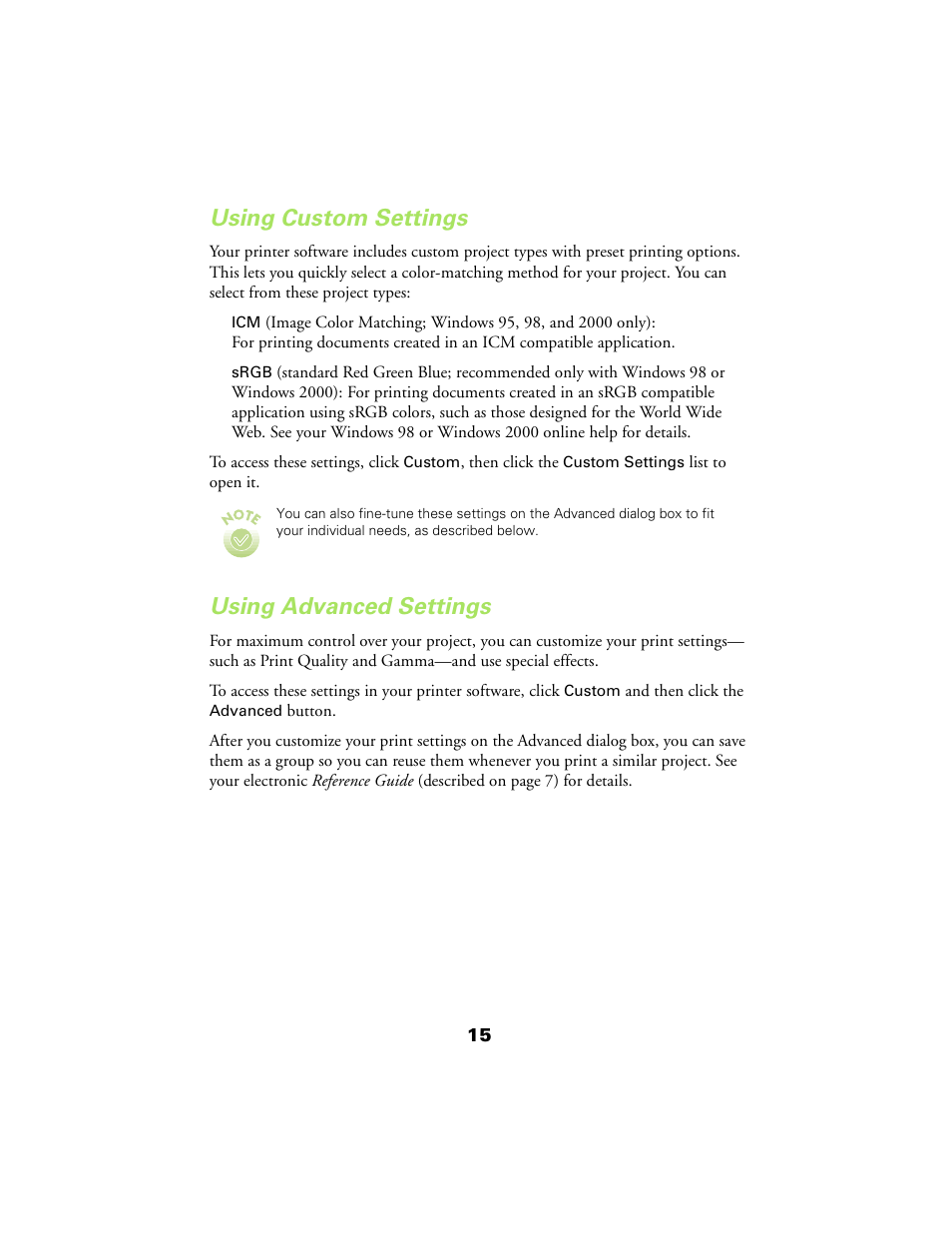 Using custom settings, Using advanced settings | Epson 480SX User Manual | Page 19 / 53