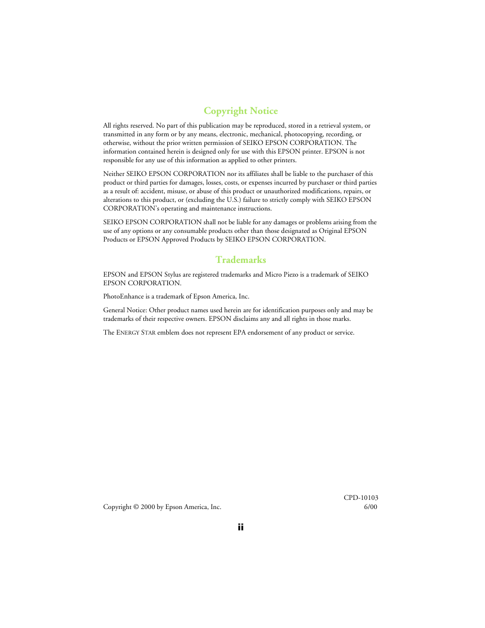 Copyright notice, Trademarks | Epson 480SX User Manual | Page 2 / 53