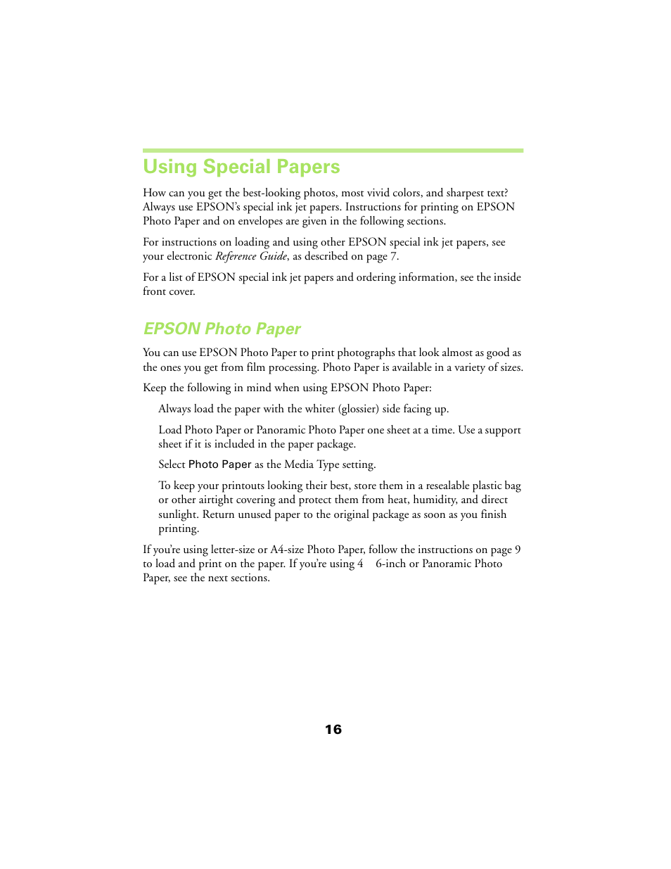 Using special papers, Epson photo paper | Epson 480SX User Manual | Page 20 / 53