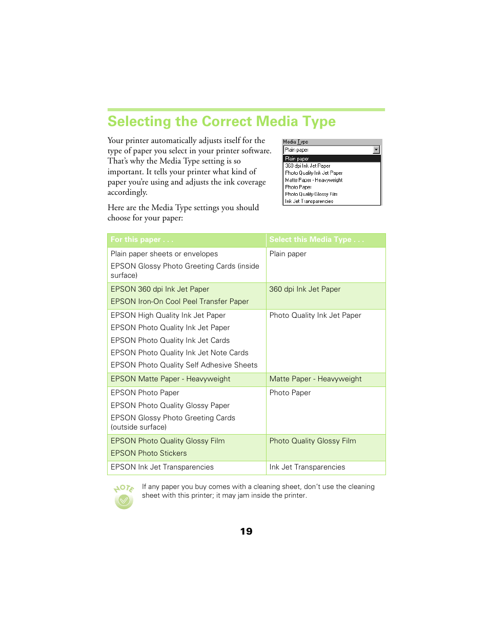 Selecting the correct media type | Epson 480SX User Manual | Page 23 / 53