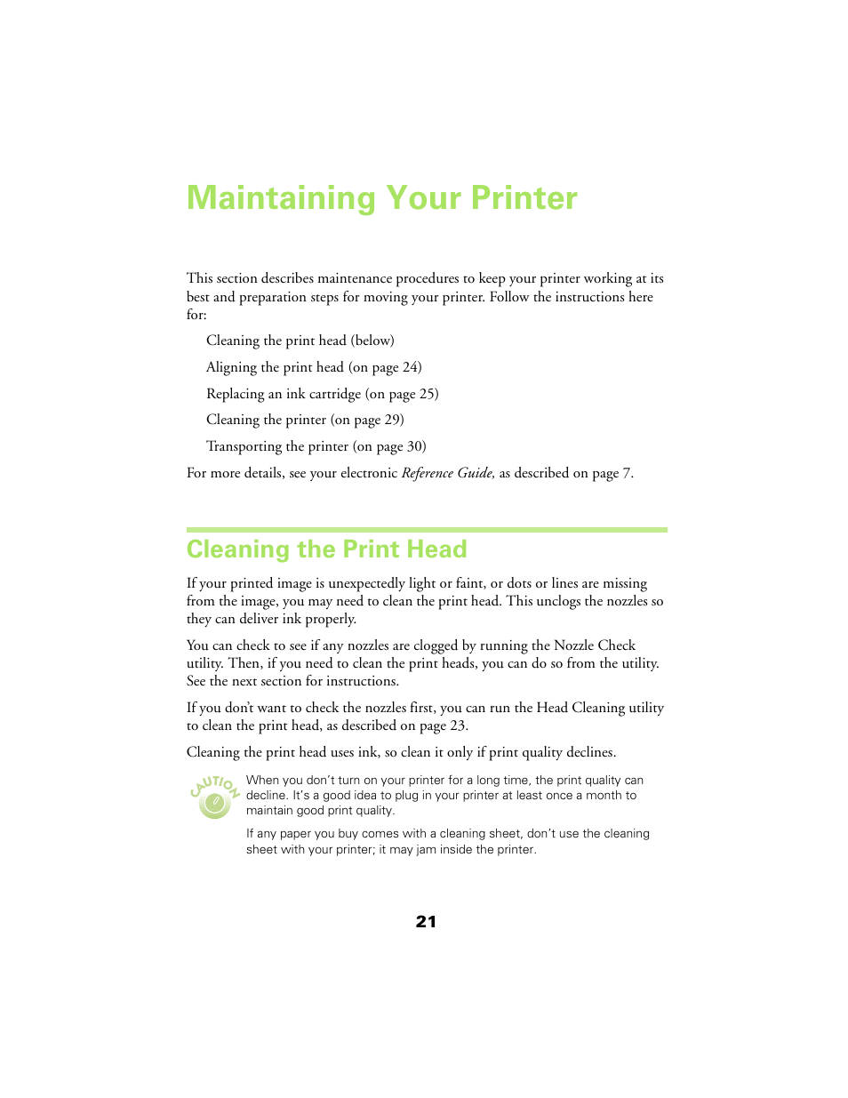 Maintaining your printer, Cleaning the print head | Epson 480SX User Manual | Page 25 / 53