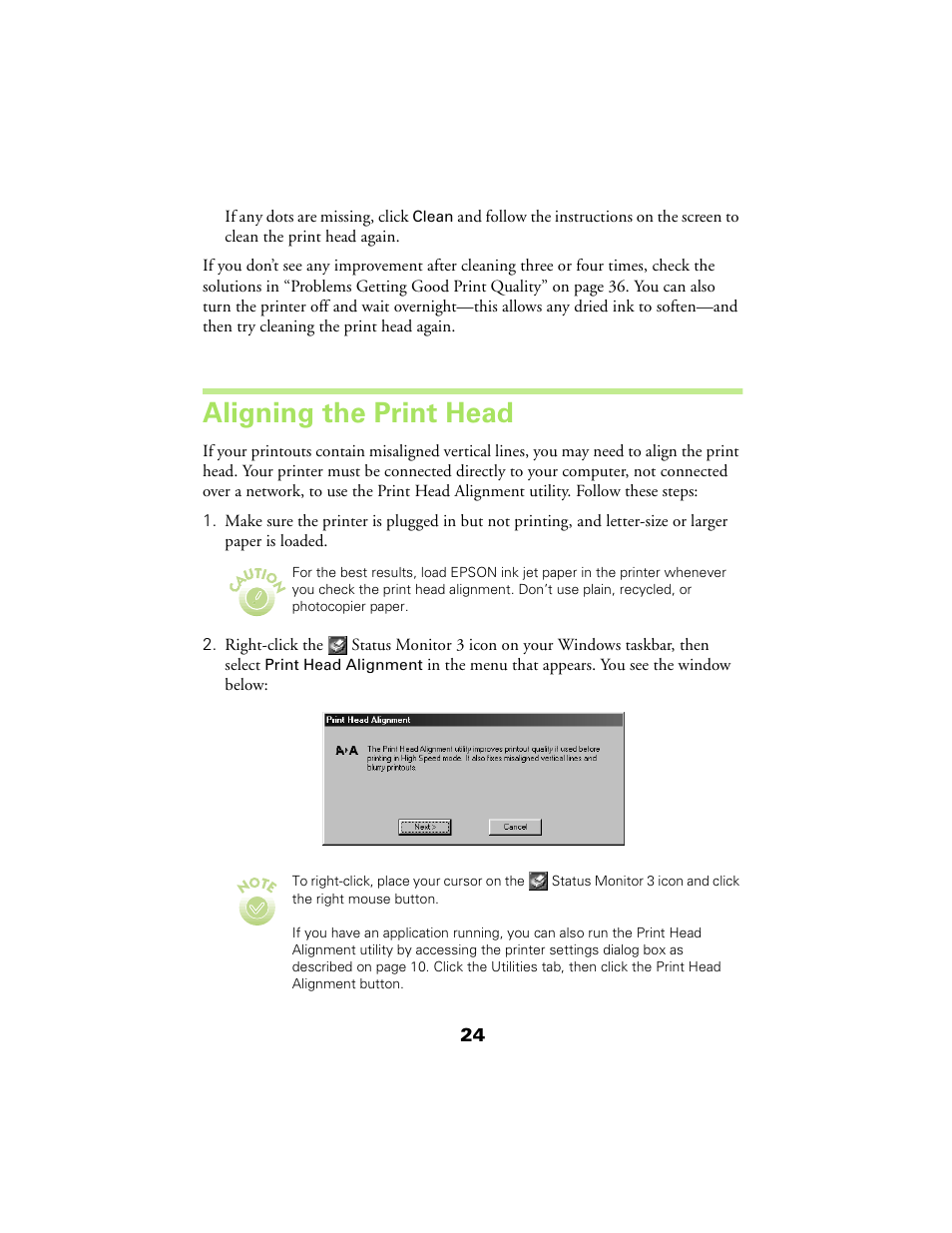 Aligning the print head | Epson 480SX User Manual | Page 28 / 53