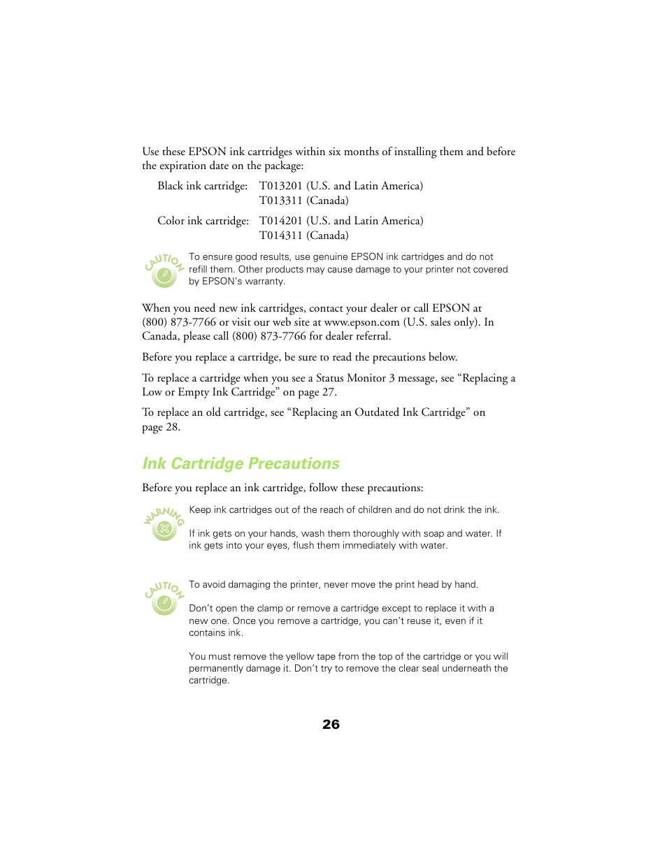 Ink cartridge precautions | Epson 480SX User Manual | Page 30 / 53