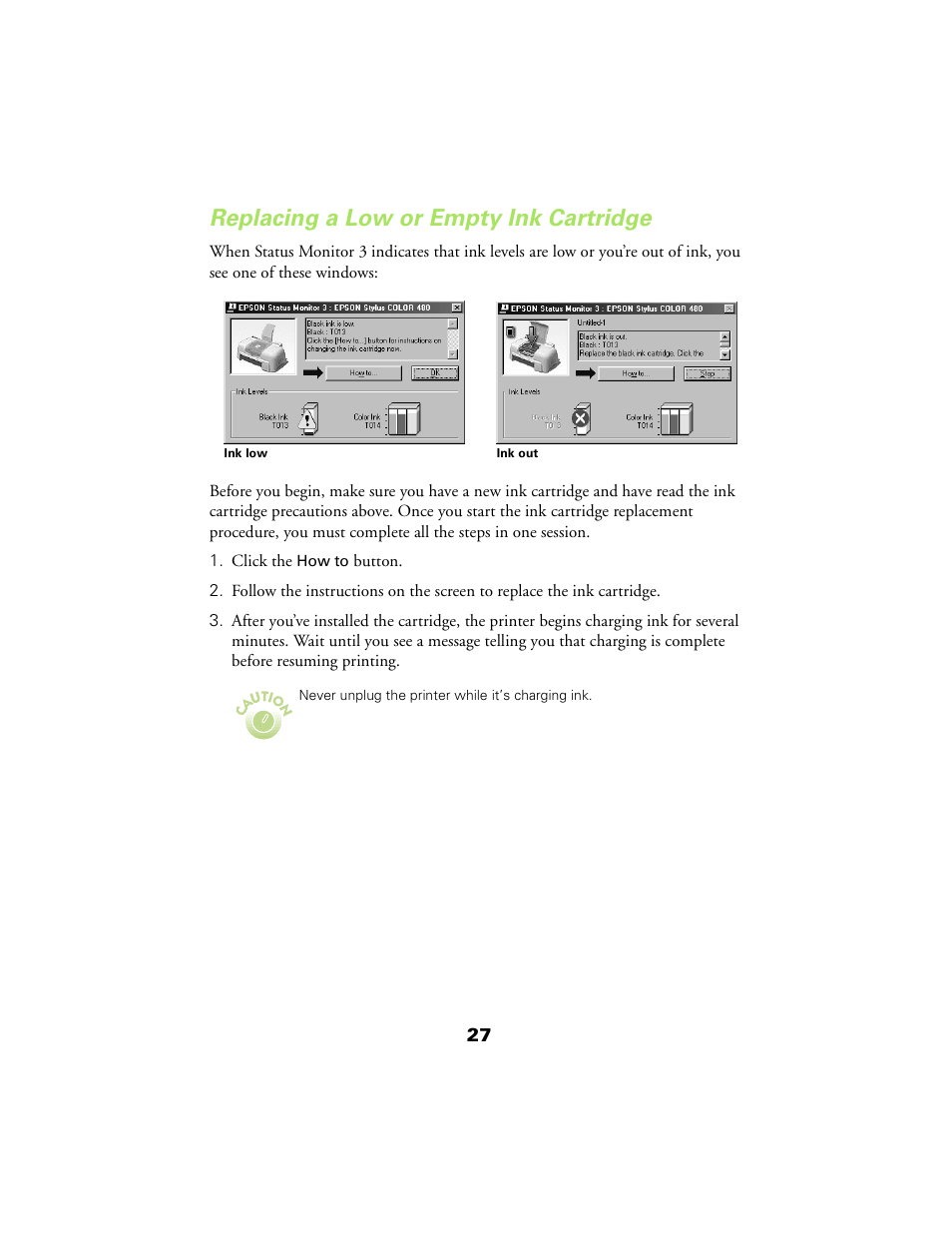 Replacing a low or empty ink cartridge | Epson 480SX User Manual | Page 31 / 53