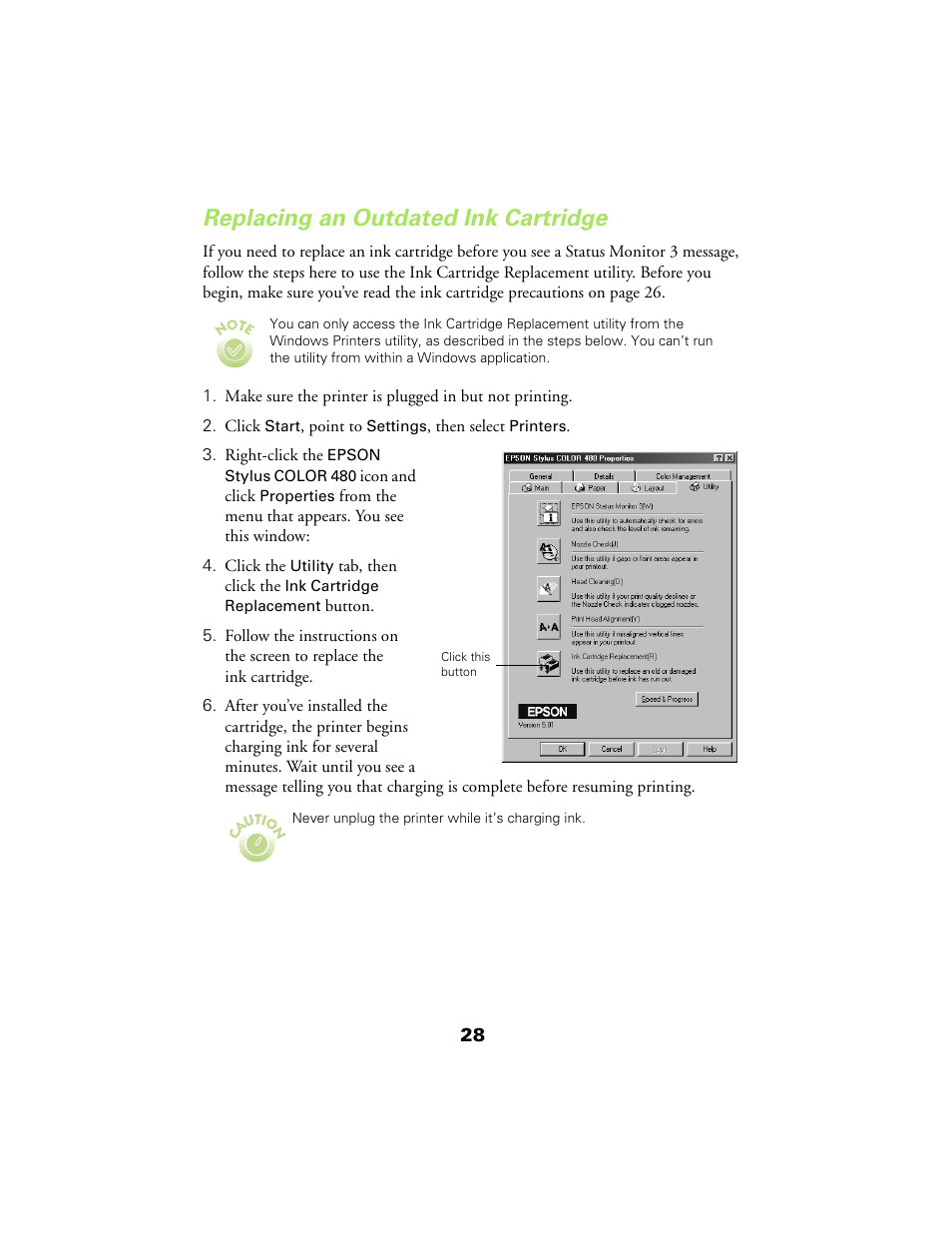 Replacing an outdated ink cartridge | Epson 480SX User Manual | Page 32 / 53