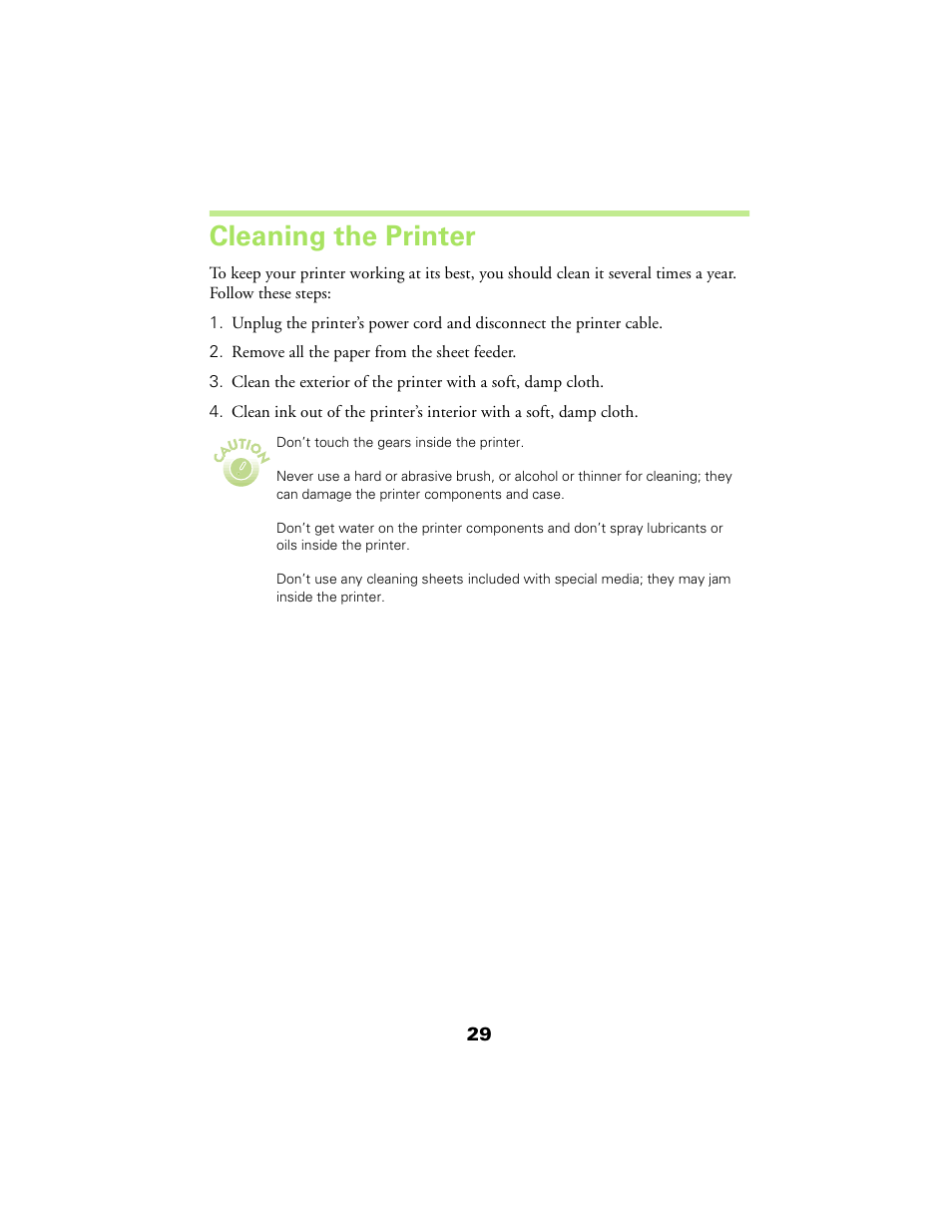 Cleaning the printer | Epson 480SX User Manual | Page 33 / 53