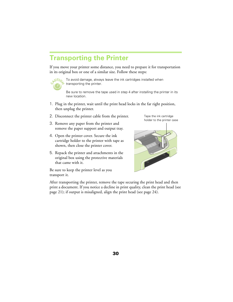 Transporting the printer | Epson 480SX User Manual | Page 34 / 53