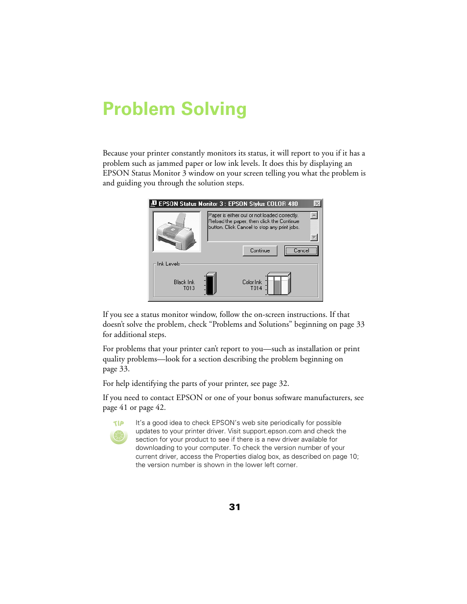 Problem solving | Epson 480SX User Manual | Page 35 / 53