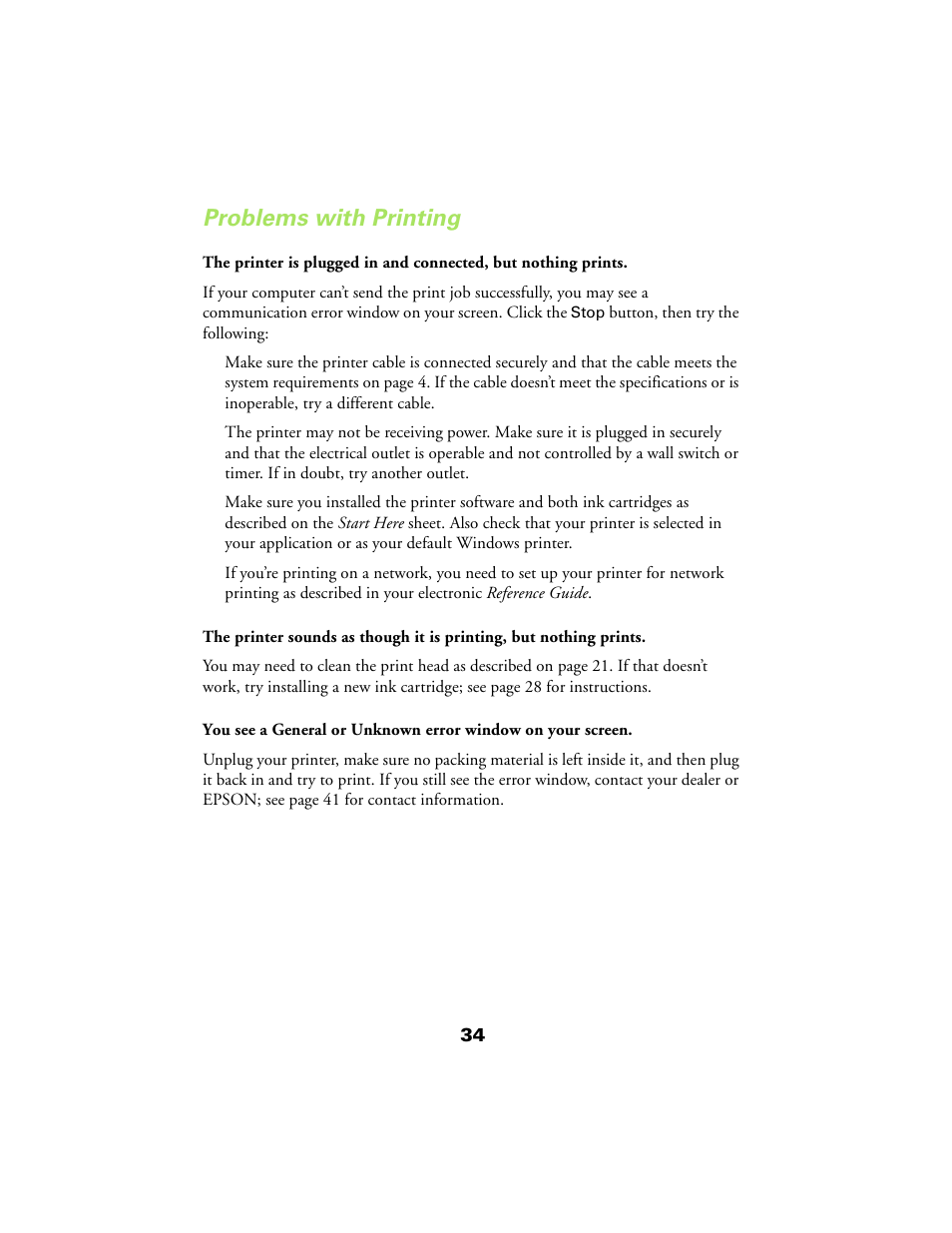 Problems with printing | Epson 480SX User Manual | Page 38 / 53