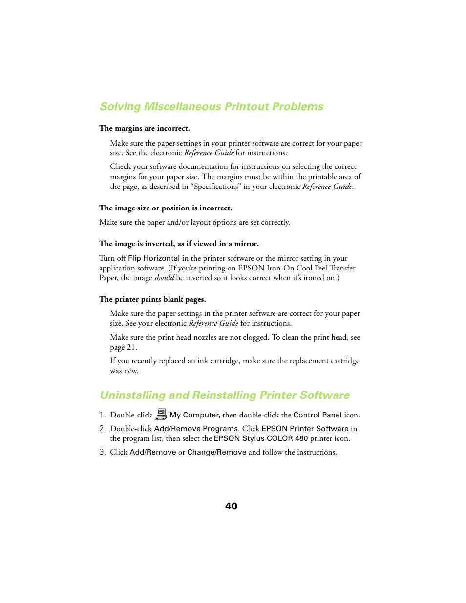 Solving miscellaneous printout problems, Uninstalling and reinstalling printer software | Epson 480SX User Manual | Page 44 / 53