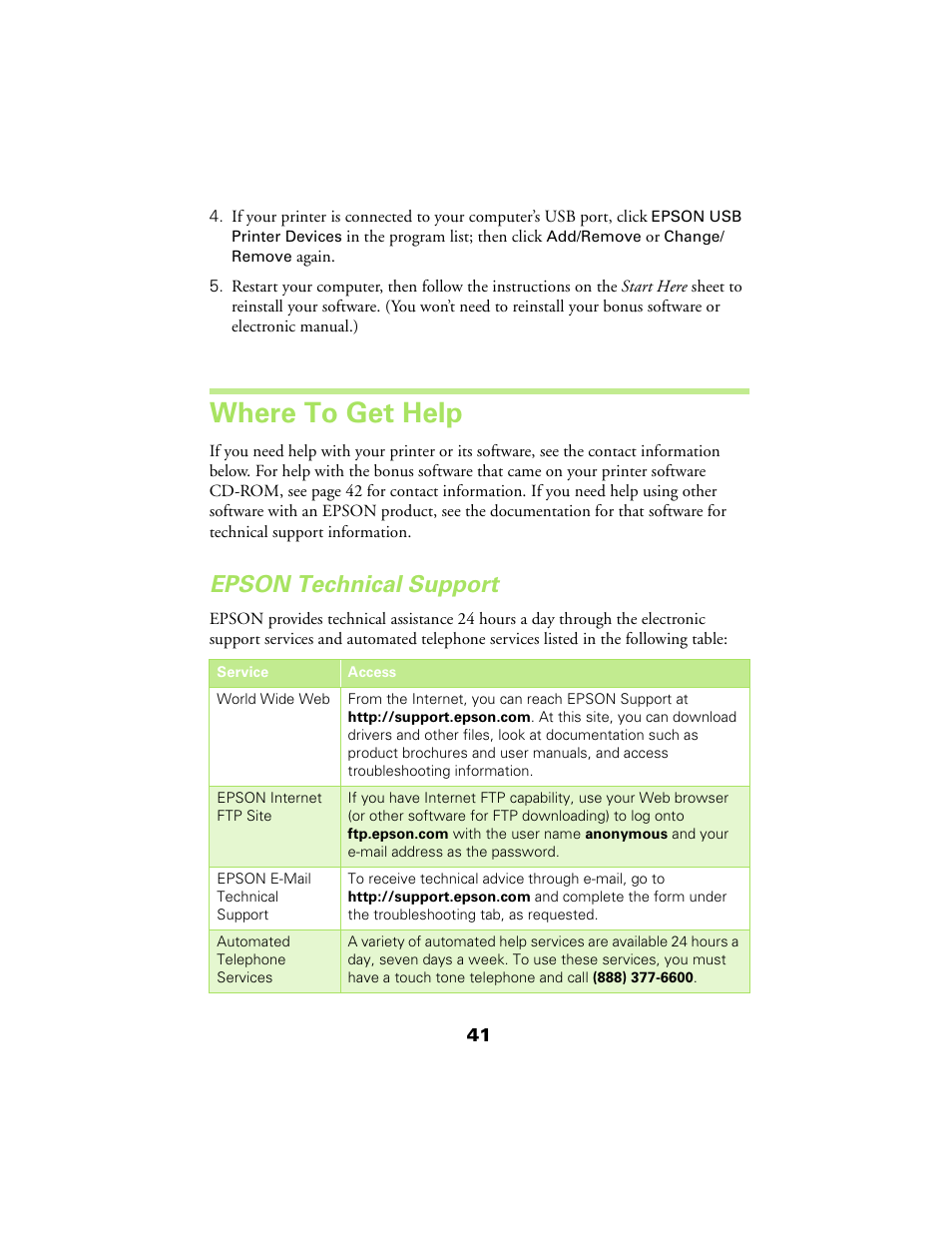 Where to get help, Epson technical support | Epson 480SX User Manual | Page 45 / 53