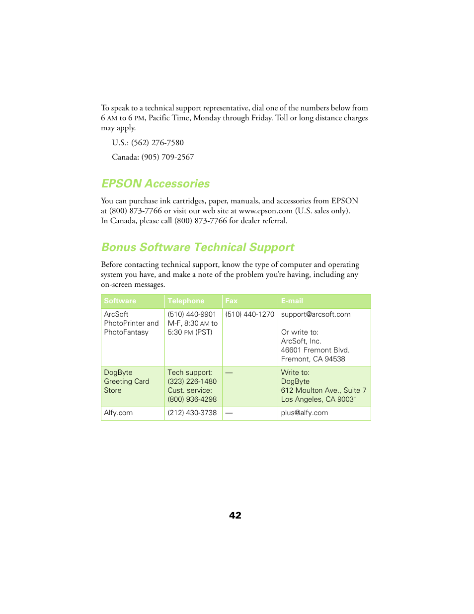 Epson accessories, Bonus software technical support | Epson 480SX User Manual | Page 46 / 53