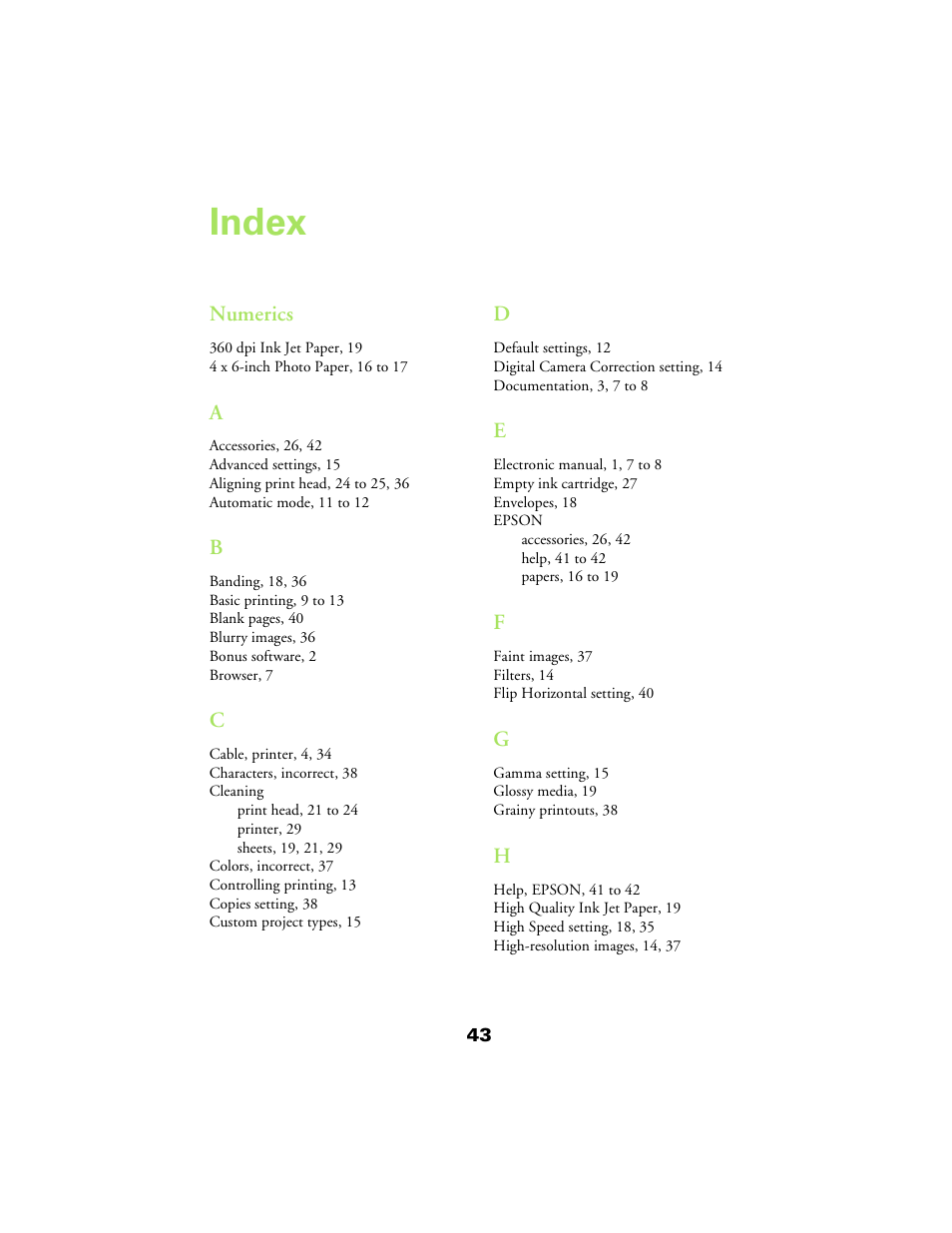 Index, Index 43 | Epson 480SX User Manual | Page 47 / 53