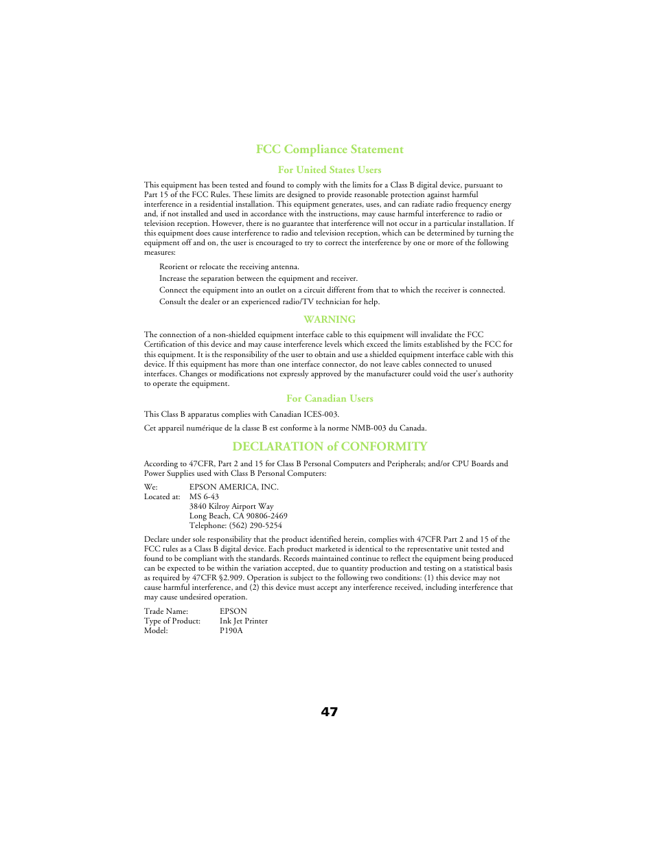 Fcc compliance statement, Declaration of conformity, 47 fcc compliance statement | Epson 480SX User Manual | Page 51 / 53