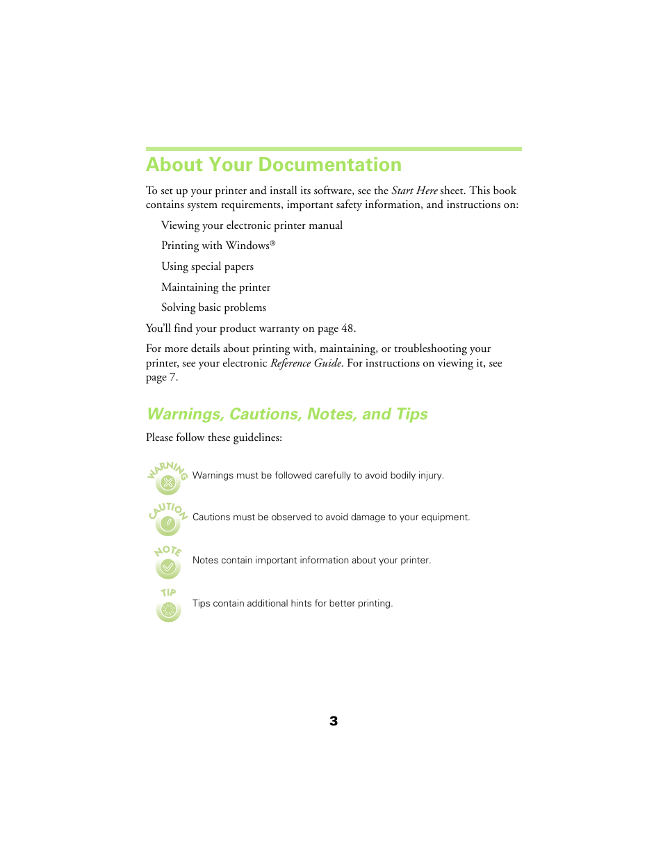About your documentation, Warnings, cautions, notes, and tips | Epson 480SX User Manual | Page 7 / 53