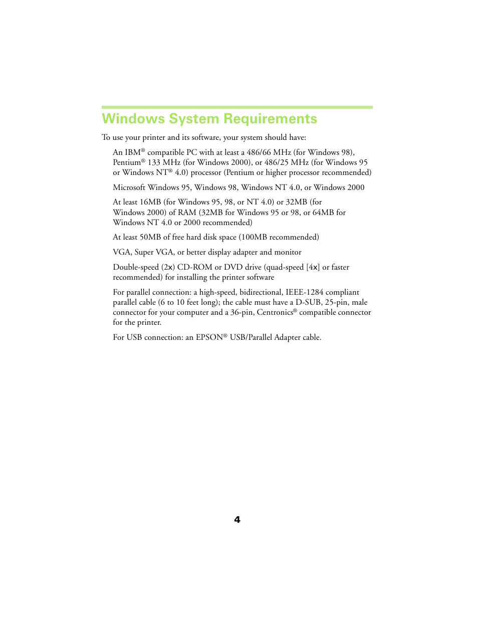 Windows system requirements | Epson 480SX User Manual | Page 8 / 53