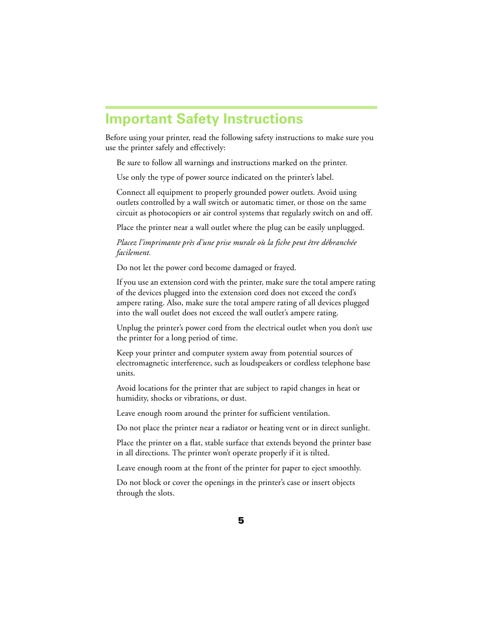 Important safety instructions | Epson 480SX User Manual | Page 9 / 53