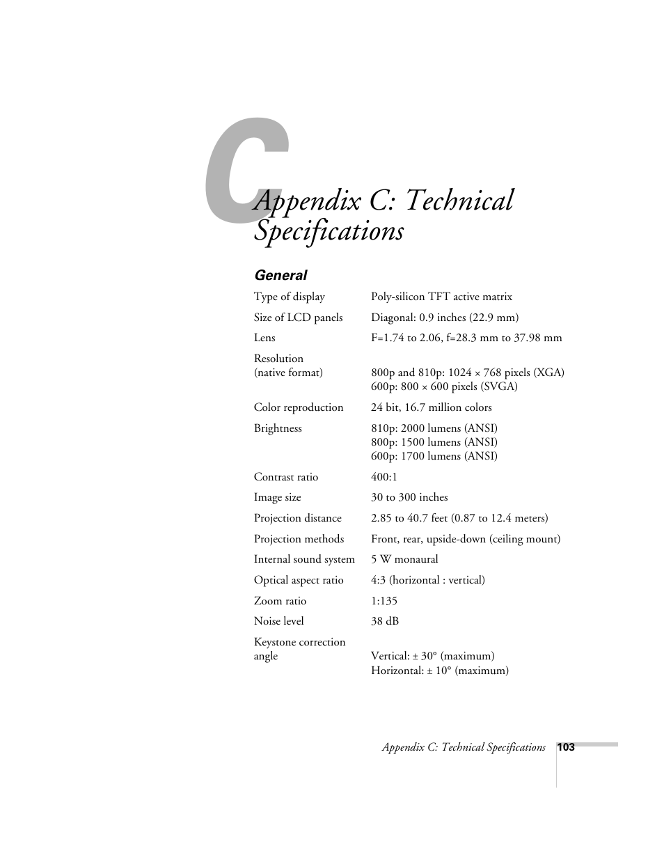 Appendix c-technical specifications, General, Appendix c: technical specifications | Epson 800p User Manual | Page 109 / 120