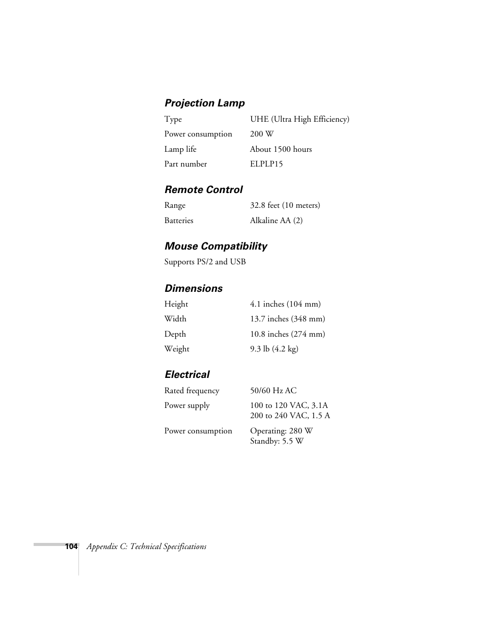 Projection lamp, Remote control, Mouse compatibility | Dimensions, Electrical | Epson 800p User Manual | Page 110 / 120