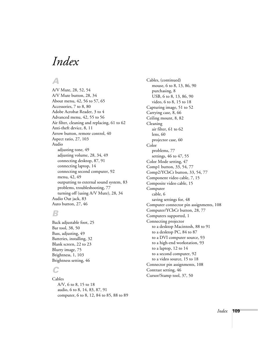 Index | Epson 800p User Manual | Page 115 / 120