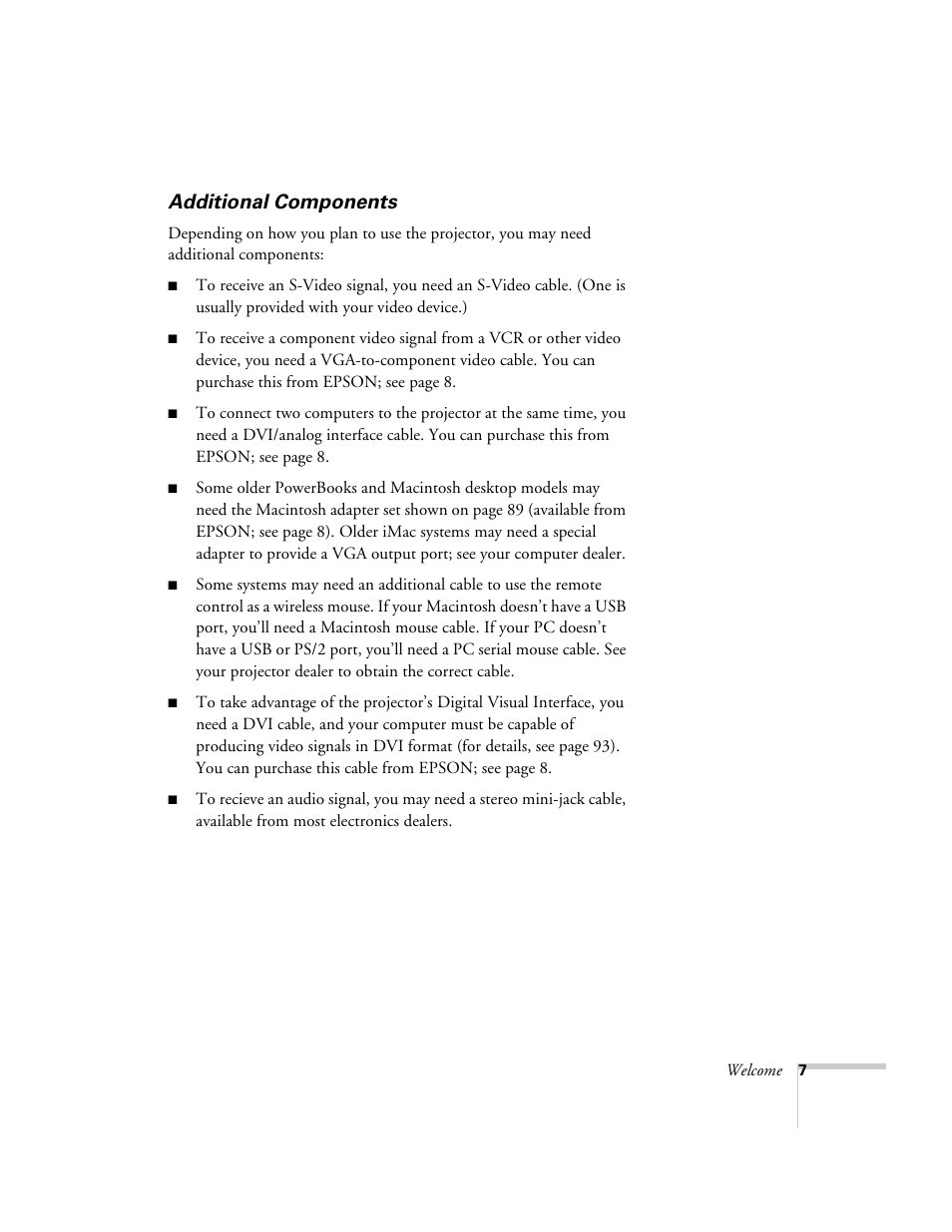 Additional components | Epson 800p User Manual | Page 13 / 120