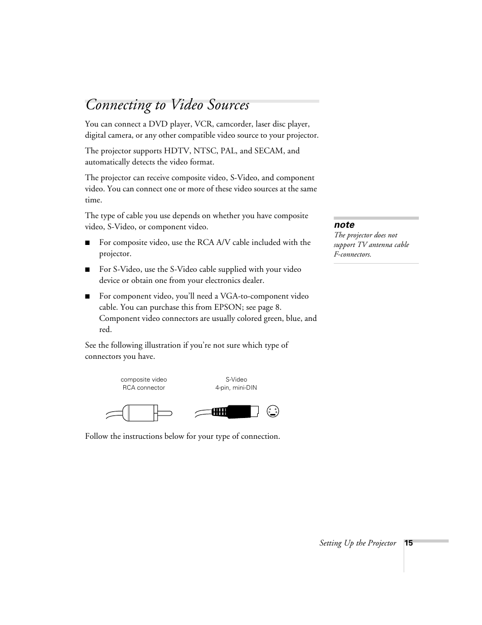 Connecting to video sources | Epson 800p User Manual | Page 21 / 120