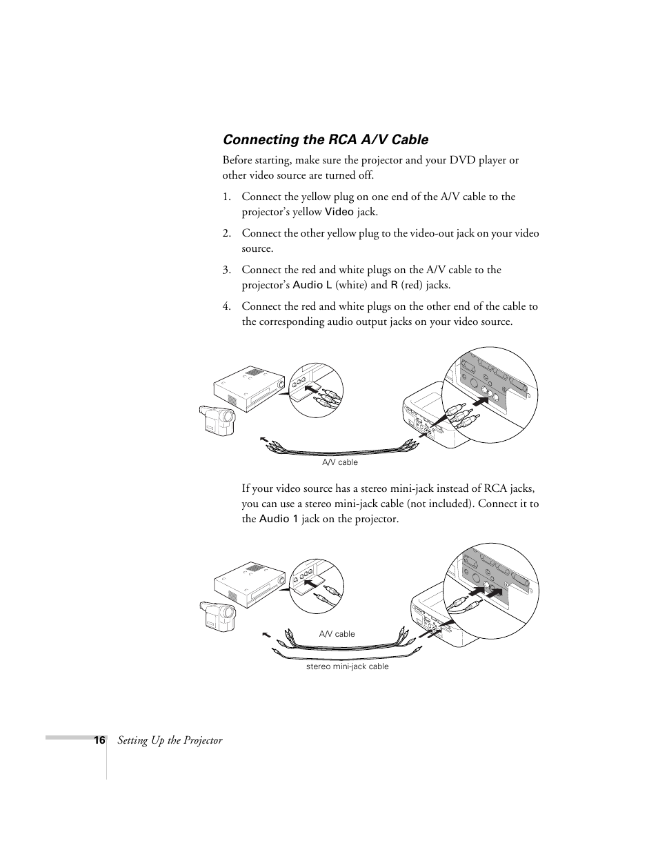 Connecting the rca a/v cable | Epson 800p User Manual | Page 22 / 120