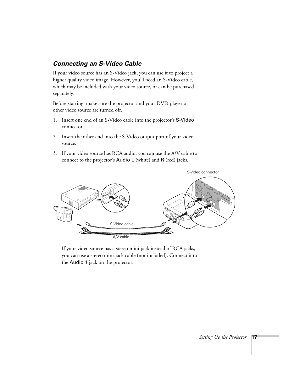 Connecting an s-video cable | Epson 800p User Manual | Page 23 / 120