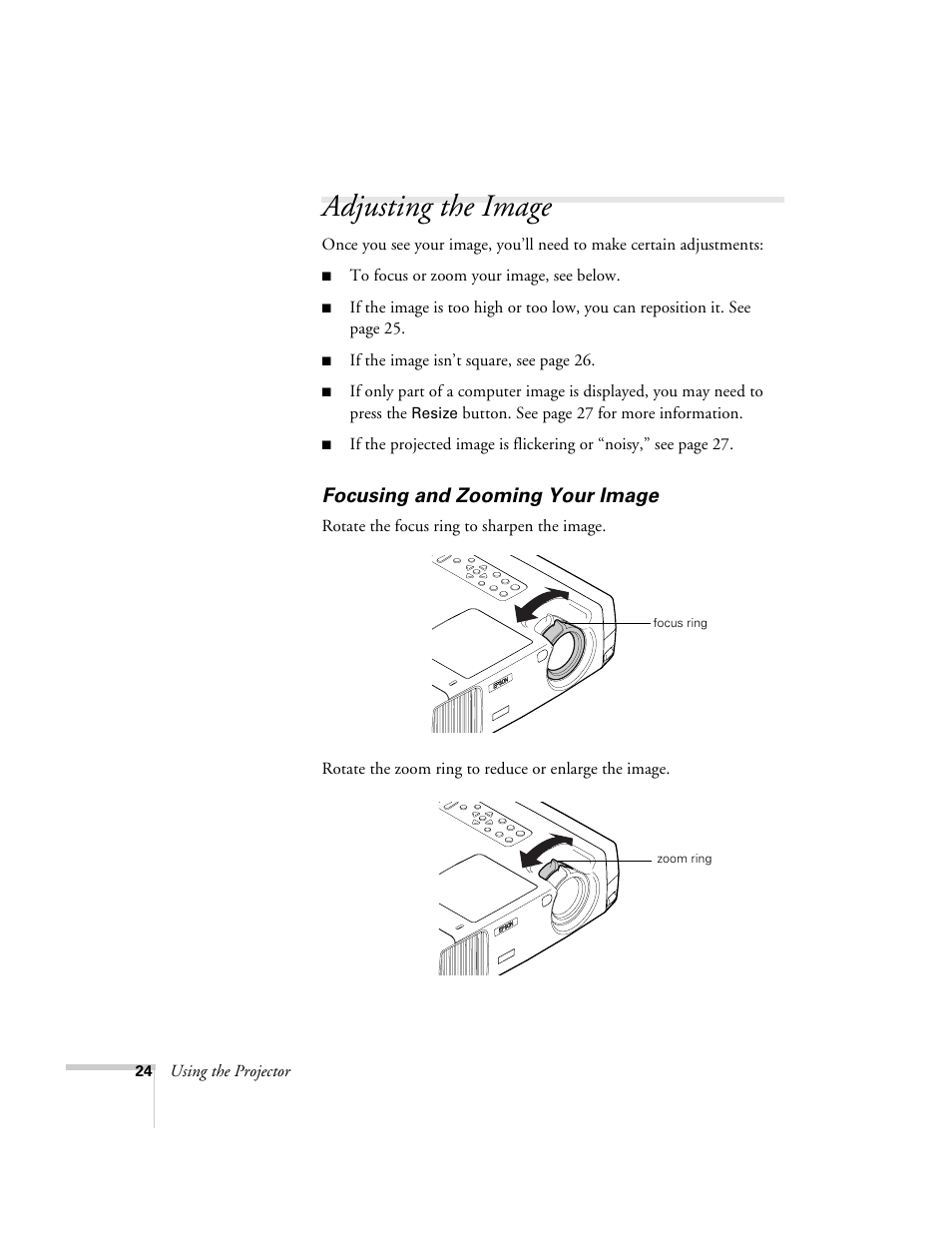 Adjusting the image, Focusing and zooming your image | Epson 800p User Manual | Page 30 / 120