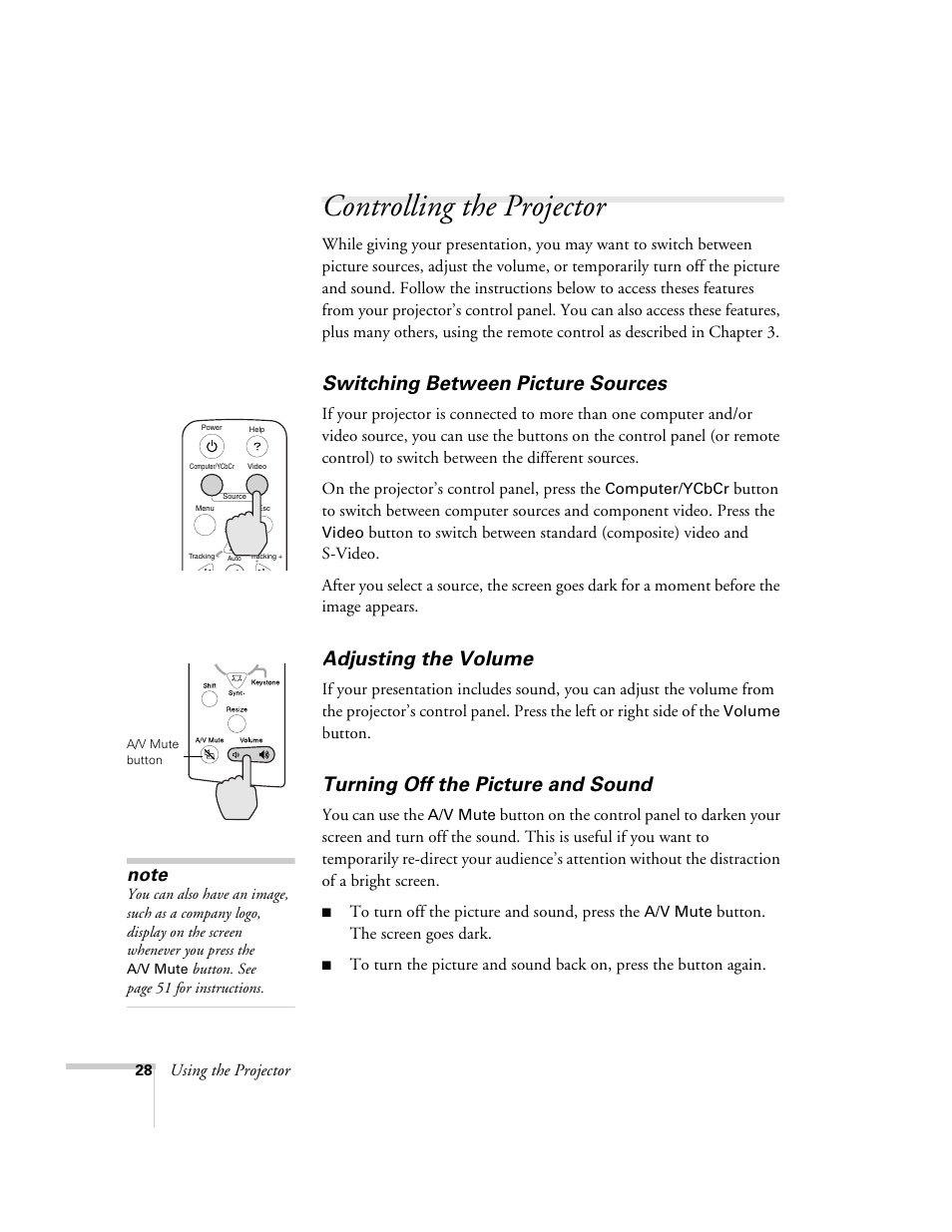 Controlling the projector, Switching between picture sources, Adjusting the volume | Turning off the picture and sound | Epson 800p User Manual | Page 34 / 120