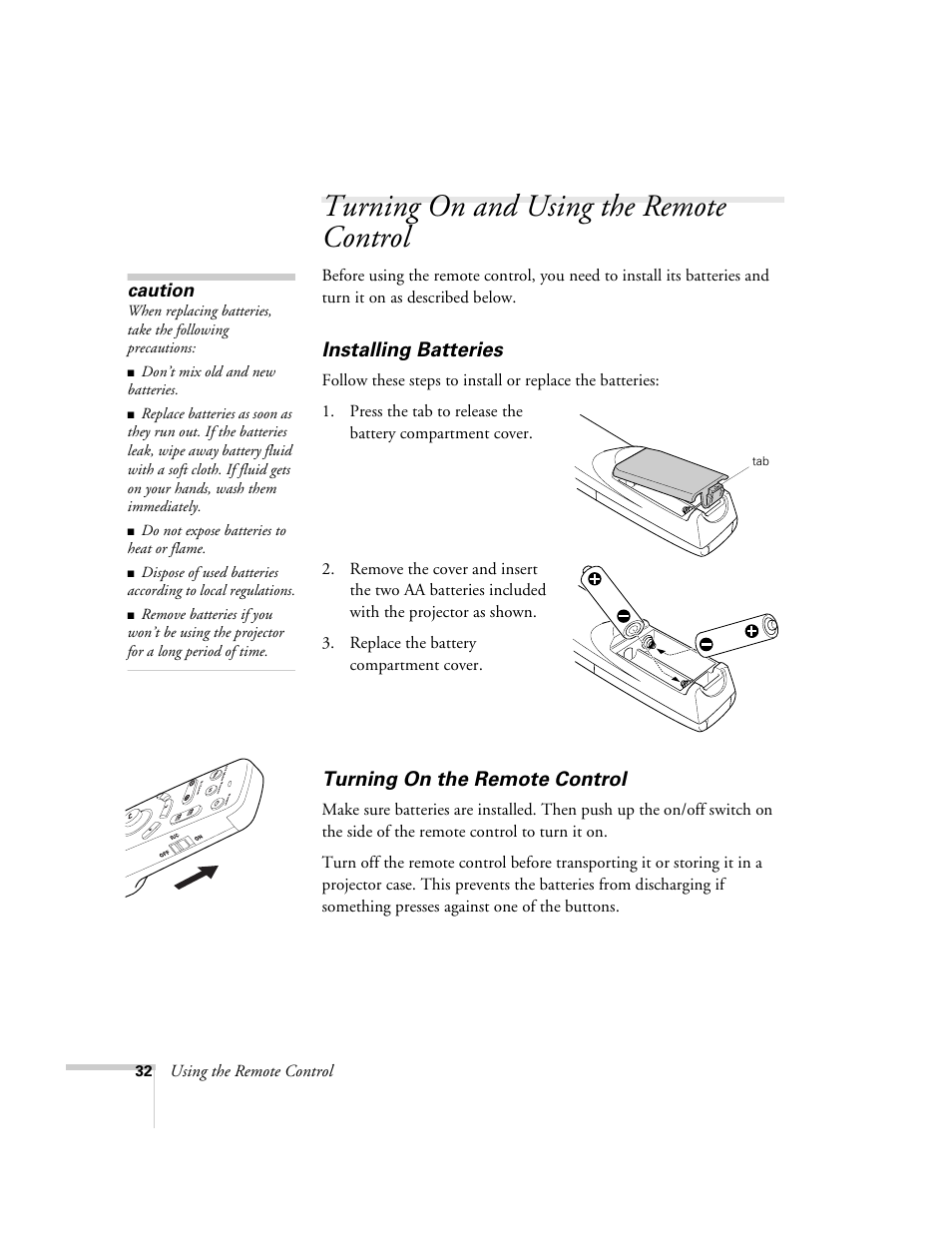 Turning on and using the remote control, Installing batteries, Turning on the remote control | Installing batteries turning on the remote control | Epson 800p User Manual | Page 38 / 120