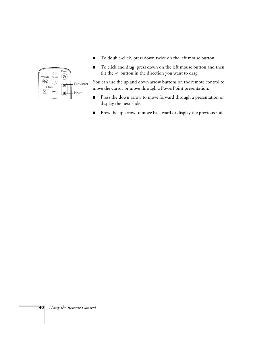 Using the remote control | Epson 800p User Manual | Page 46 / 120