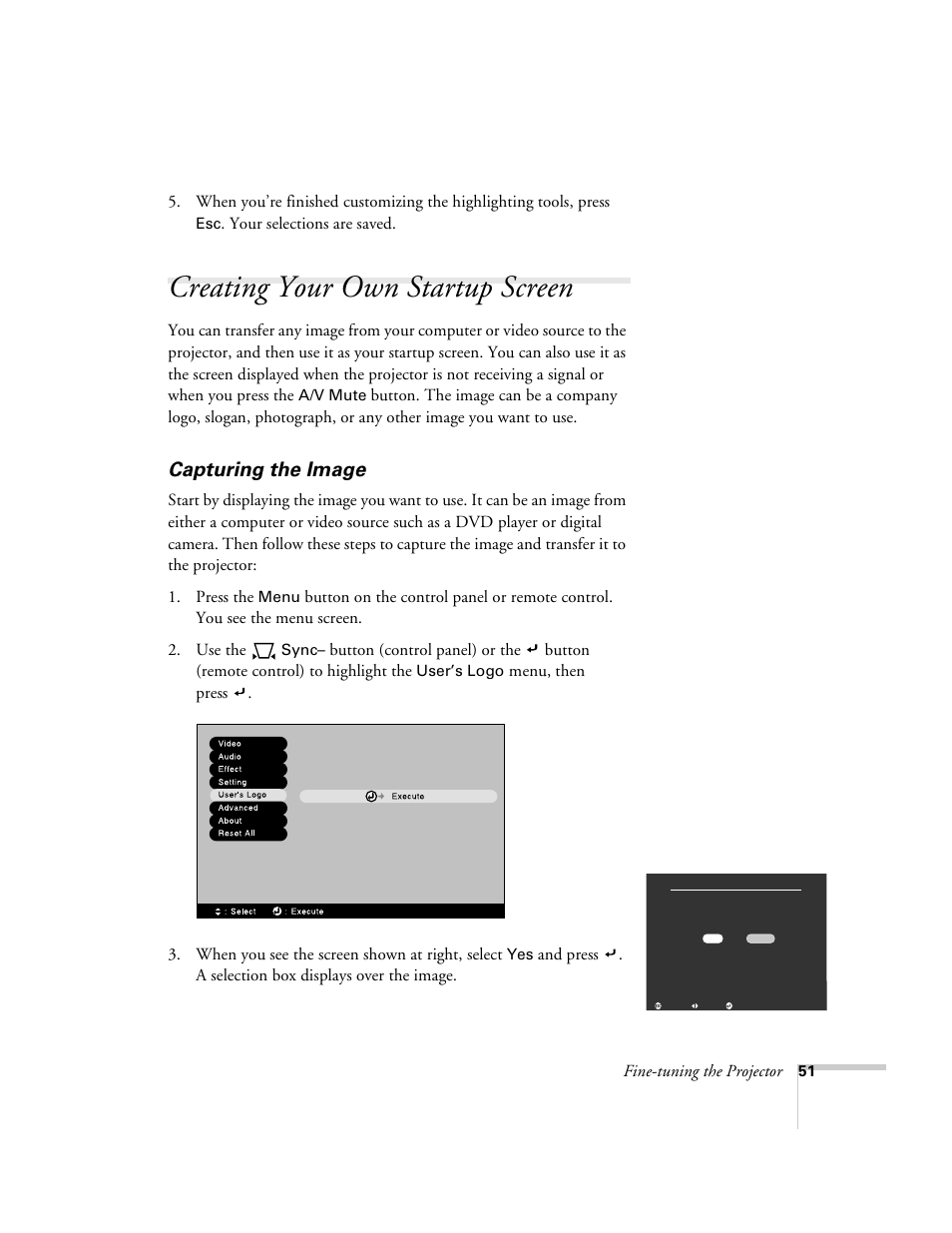 Creating your own startup screen, Capturing the image | Epson 800p User Manual | Page 57 / 120