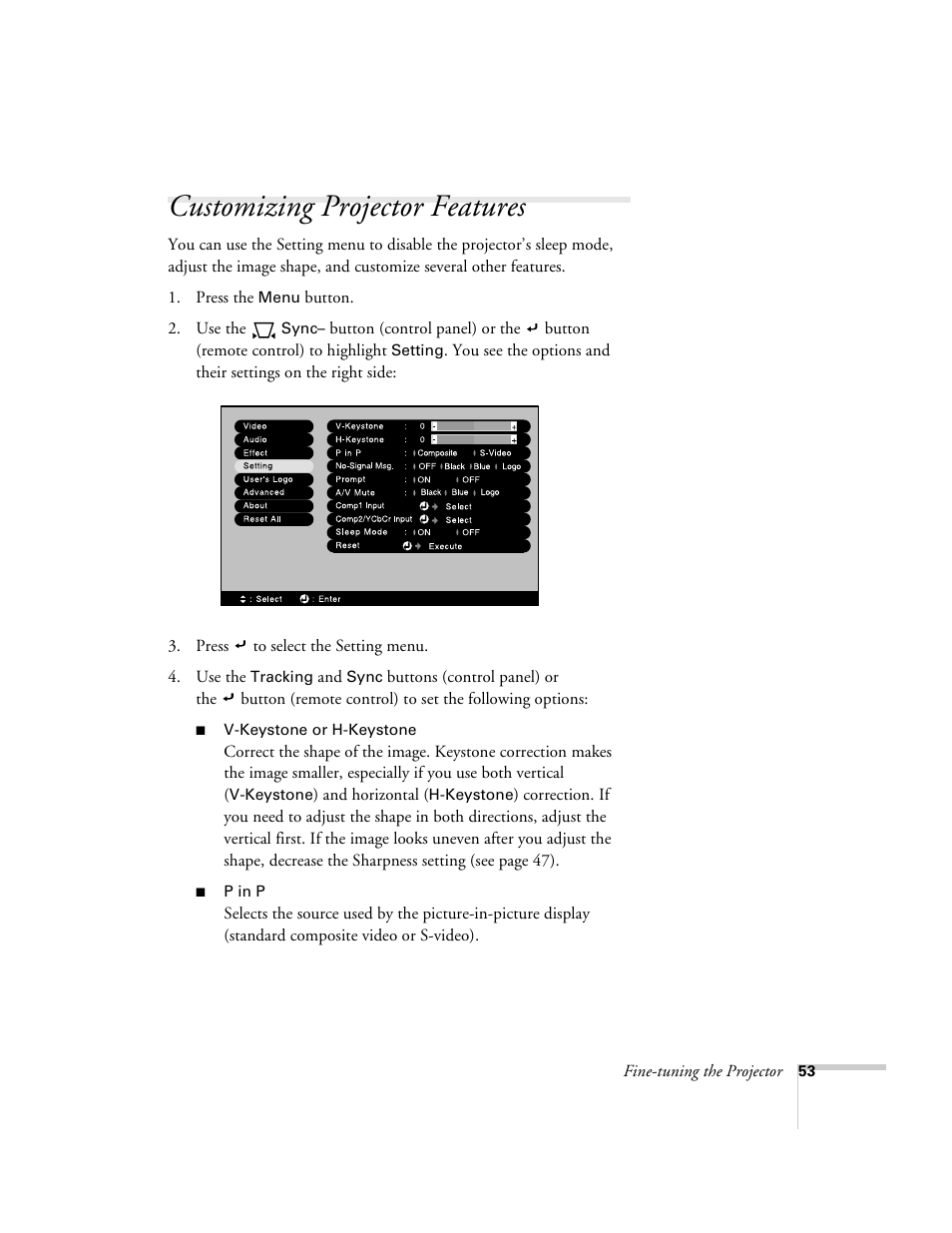 Customizing projector features | Epson 800p User Manual | Page 59 / 120