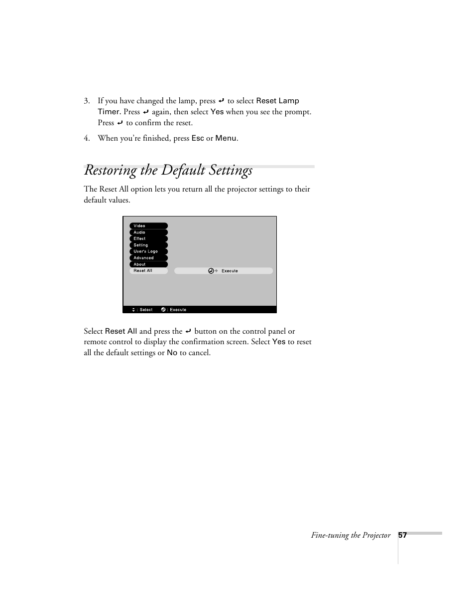 Restoring the default settings | Epson 800p User Manual | Page 63 / 120