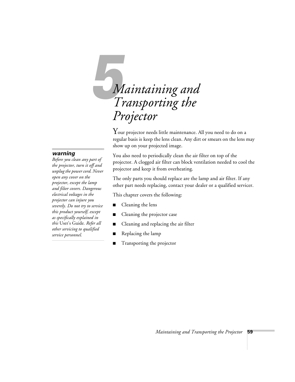 Chap 5-maintaining and transporting the projector, Maintaining and transporting the projector | Epson 800p User Manual | Page 65 / 120