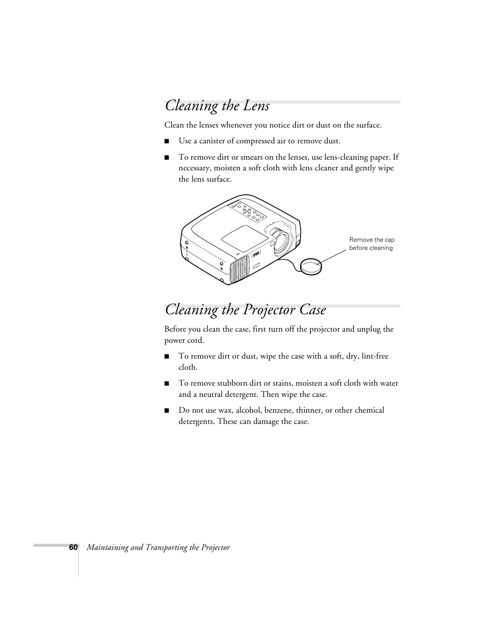 Cleaning the lens, Cleaning the projector case, Cleaning the lens cleaning the projector case | Epson 800p User Manual | Page 66 / 120