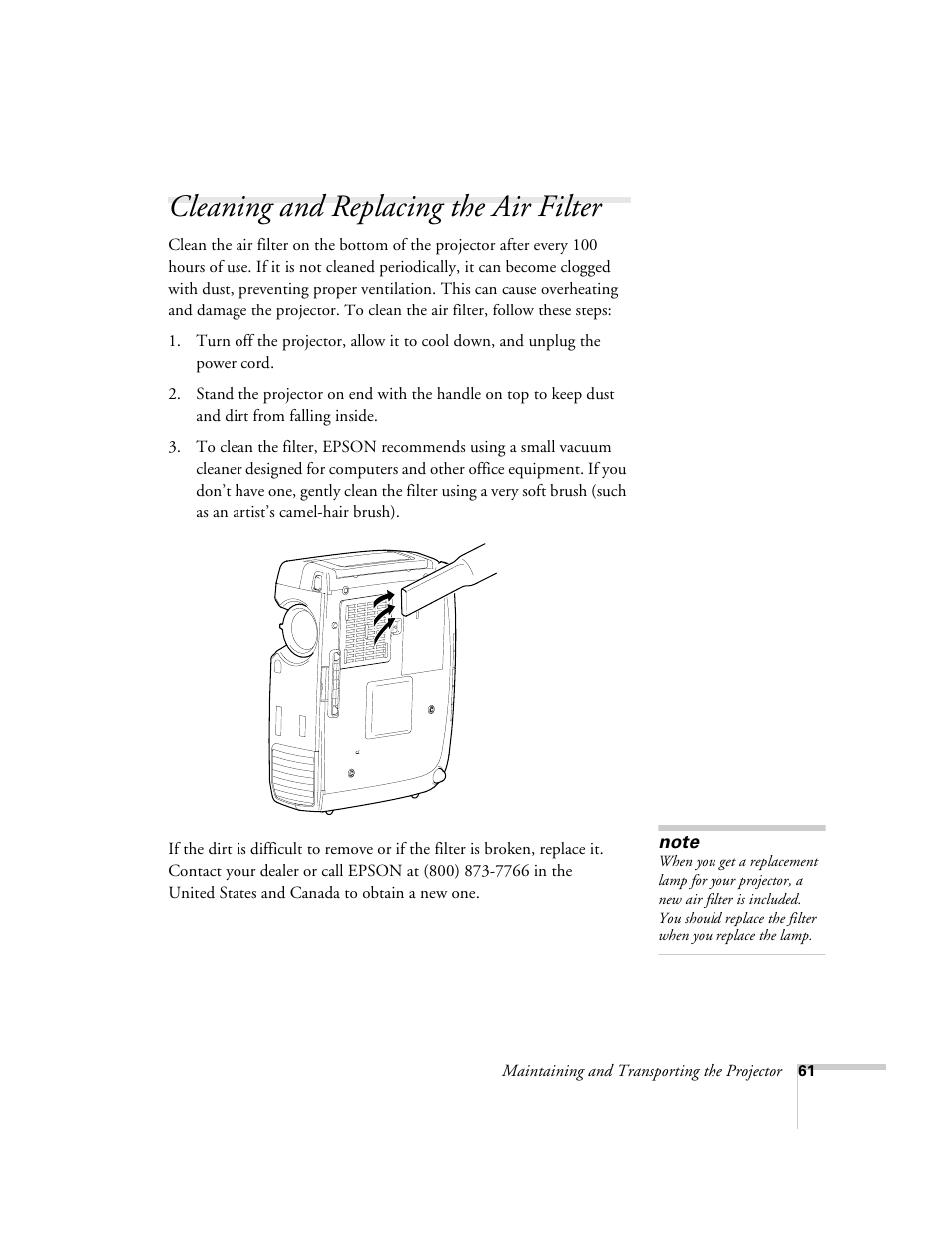 Cleaning and replacing the air filter | Epson 800p User Manual | Page 67 / 120