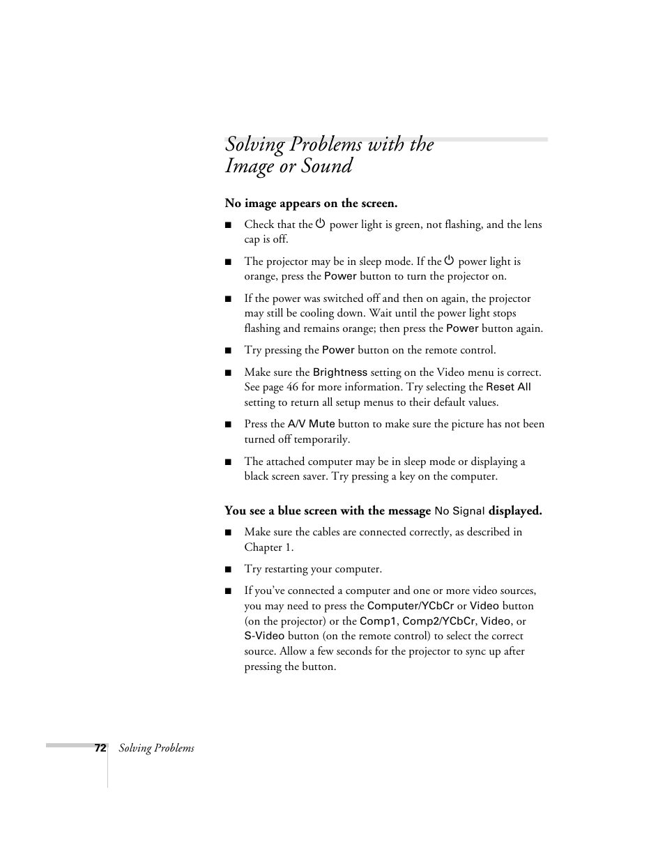 Solving problems with the image or sound | Epson 800p User Manual | Page 78 / 120