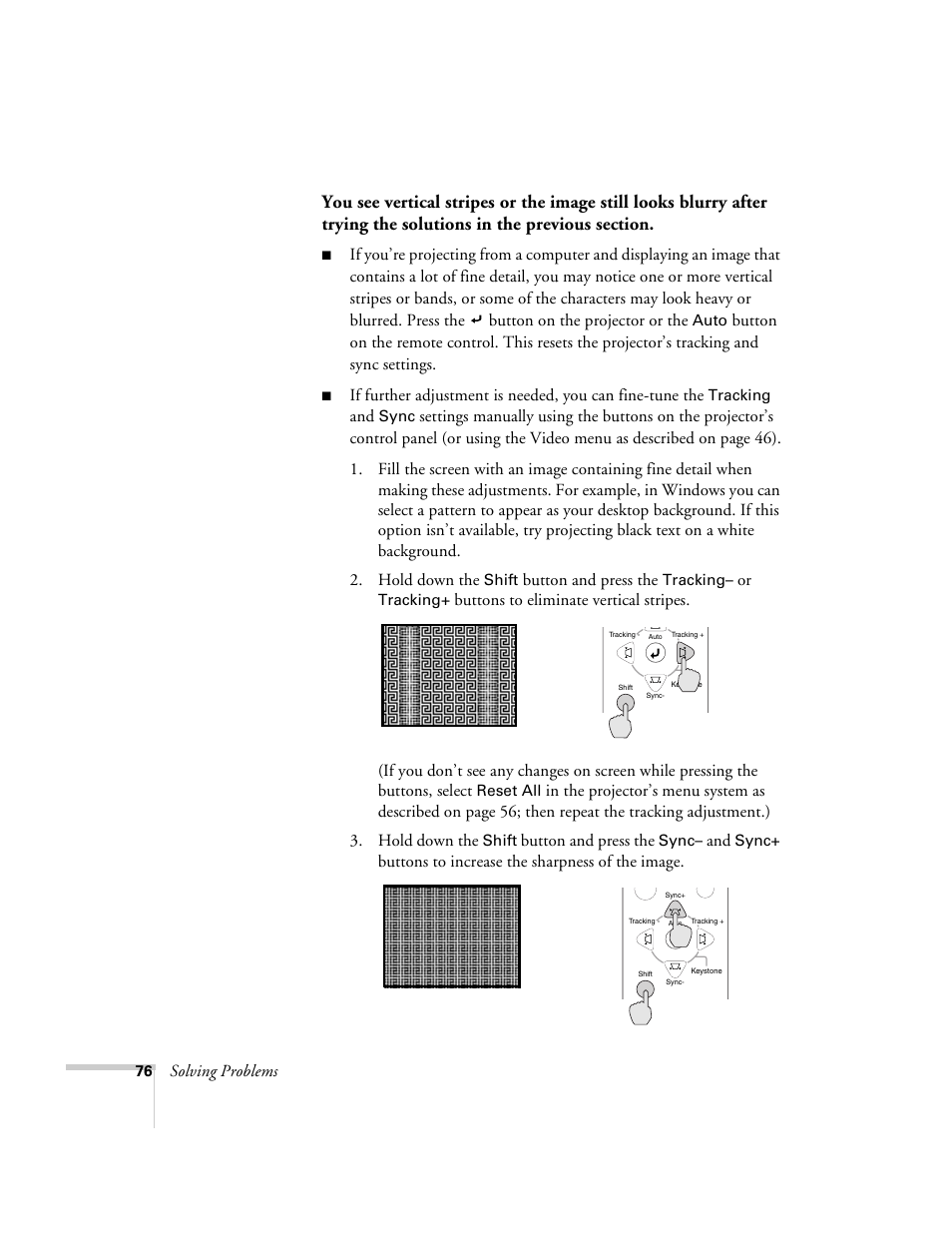 Solving problems, Button and press the, Buttons to increase the sharpness of the image | Epson 800p User Manual | Page 82 / 120