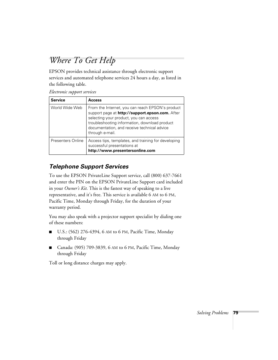 Where to get help, Telephone support services, Mputer video port pin assignments | Epson 800p User Manual | Page 85 / 120