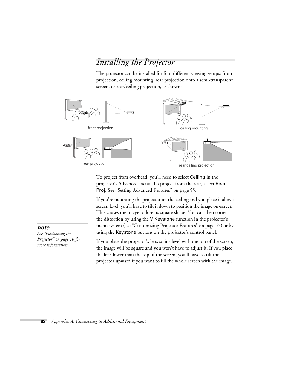 Installing the projector | Epson 800p User Manual | Page 88 / 120