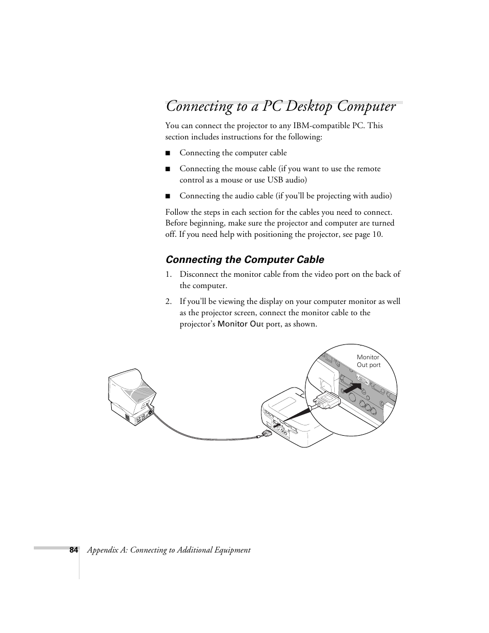 Connecting to a pc desktop computer, Connecting the computer cable | Epson 800p User Manual | Page 90 / 120